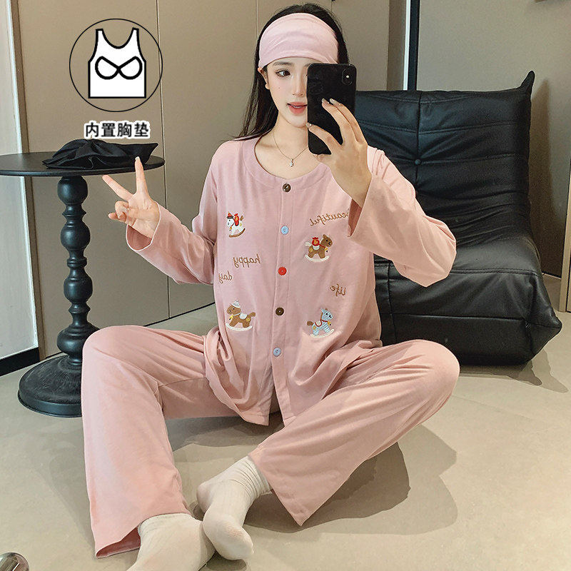 夏季纯棉全棉吸汗孕妇睡衣四季6月份7透气薄哺乳开衫带胸垫月子服