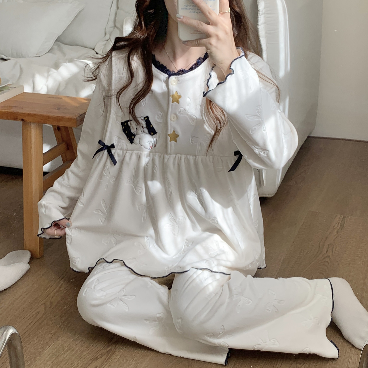 秋冬产后德绒保暖待产孕妇睡衣圆领住院海岛绒月子服哺乳喂奶套装