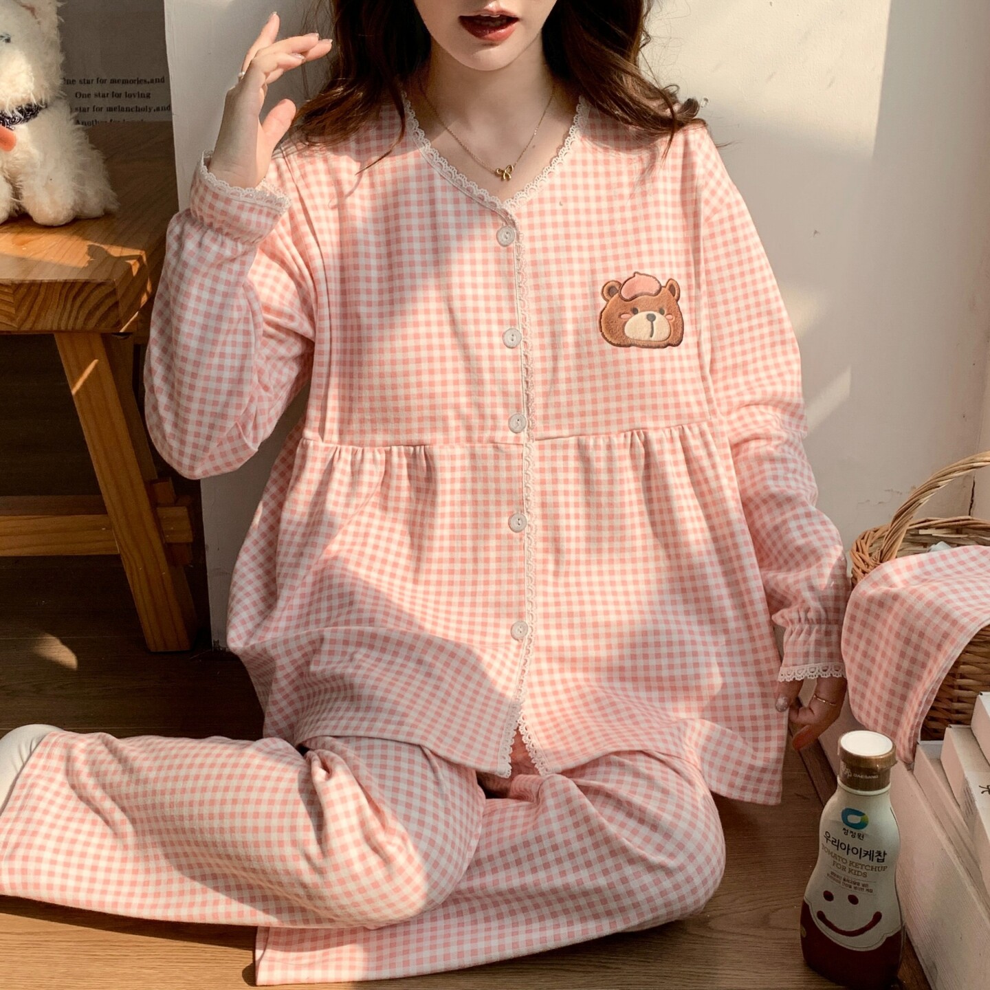 春秋季薄款产后待产妇孕妇睡衣春夏季哺乳圆领带胸垫月子帽月子服