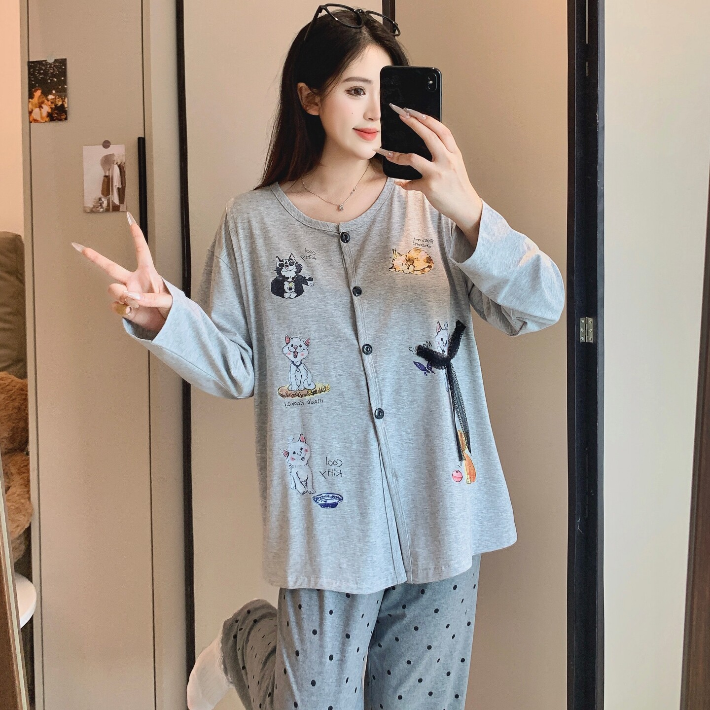 睡衣哺乳期待产妇春秋季产后孕妇坐月子圆领灰色纯棉月子服带胸垫