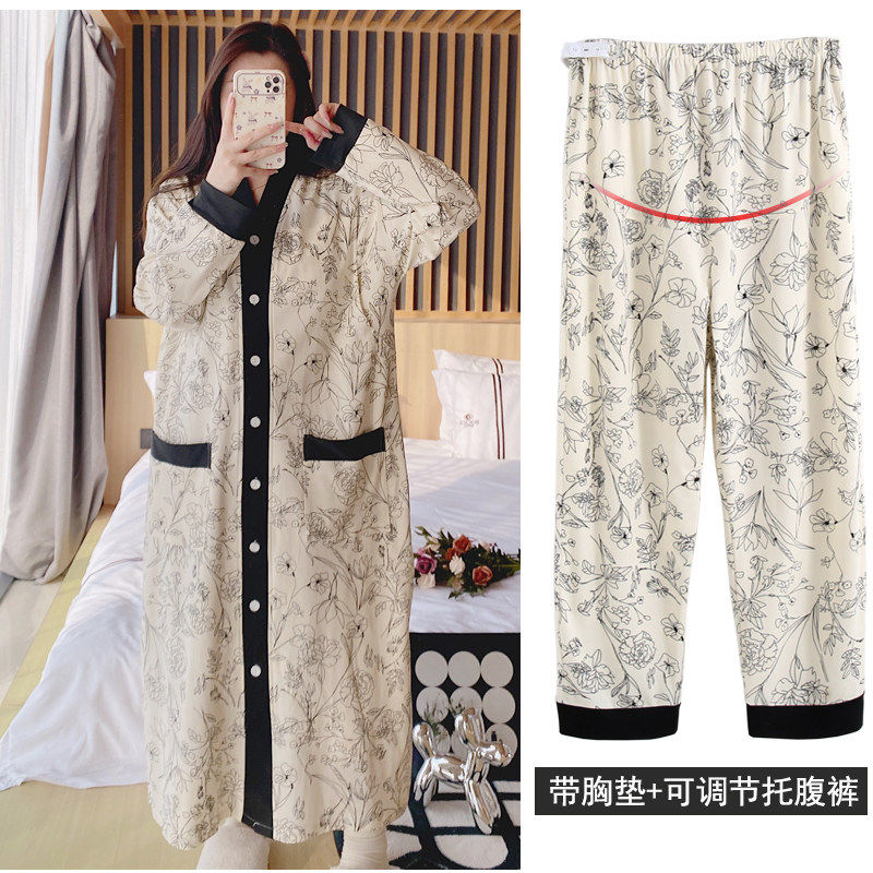 医院待产裙生产服薄款带胸垫家居服套装春秋纯棉哺乳睡裙孕妇睡衣