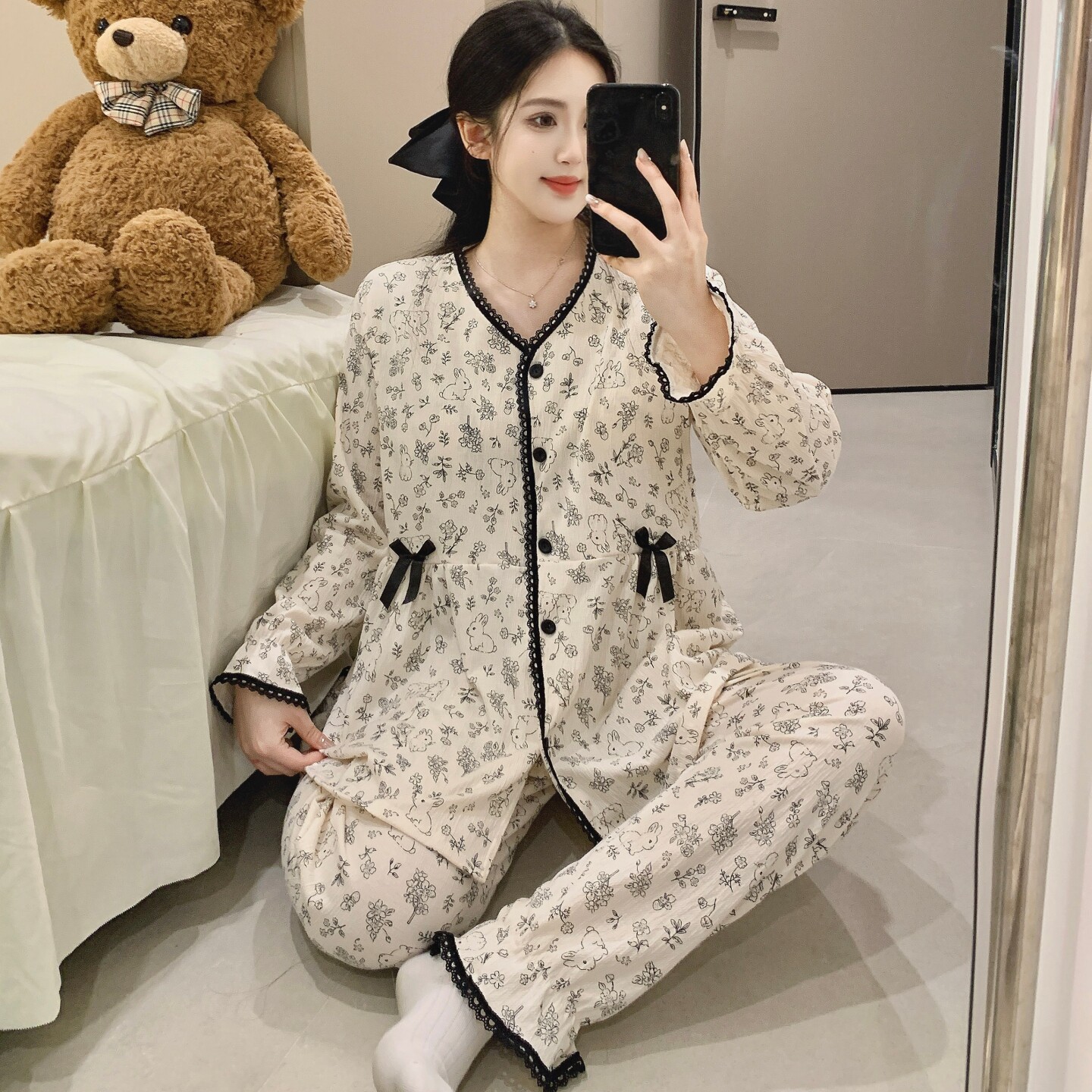 甜美圆领带胸垫月子服春秋产后喂奶衣云朵棉哺乳待产夏季孕妇睡衣