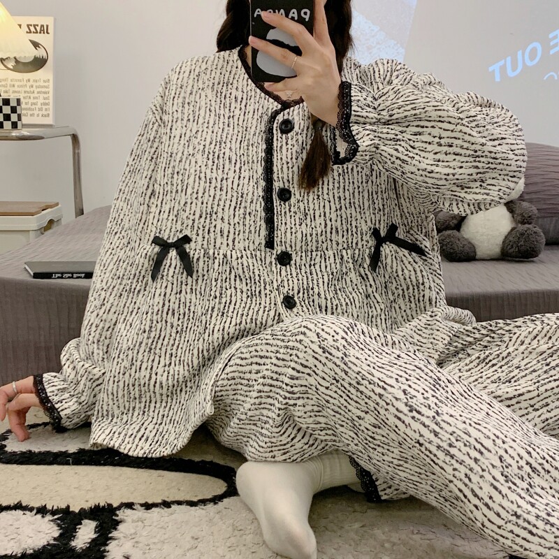月子服秋冬季产后家居服睡衣空气棉带胸垫宽松款大码哺乳圆领孕妇