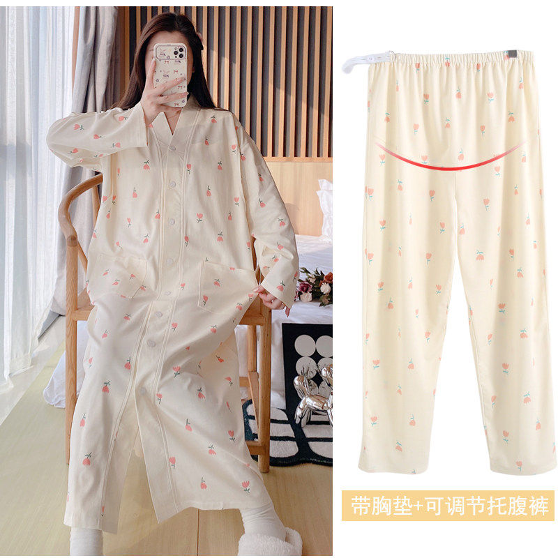 家居服套装春秋纯棉哺乳睡裙孕妇睡衣医院待产裙生产服薄款带胸垫