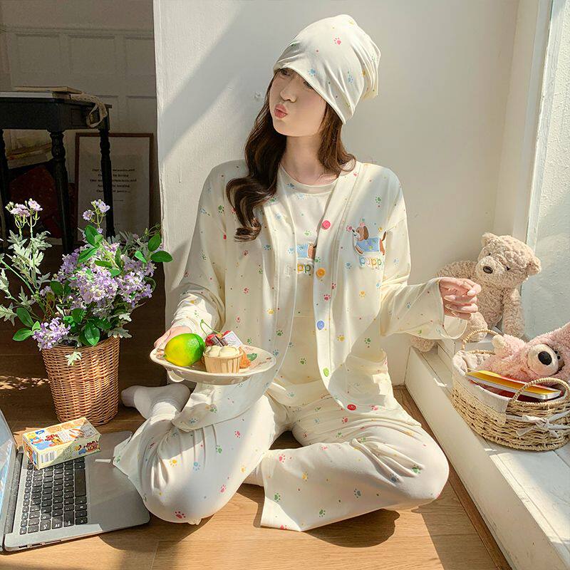 家居月子服孕妇睡衣带胸垫产后怀孕期哺乳夏春秋季纯棉薄款三件套