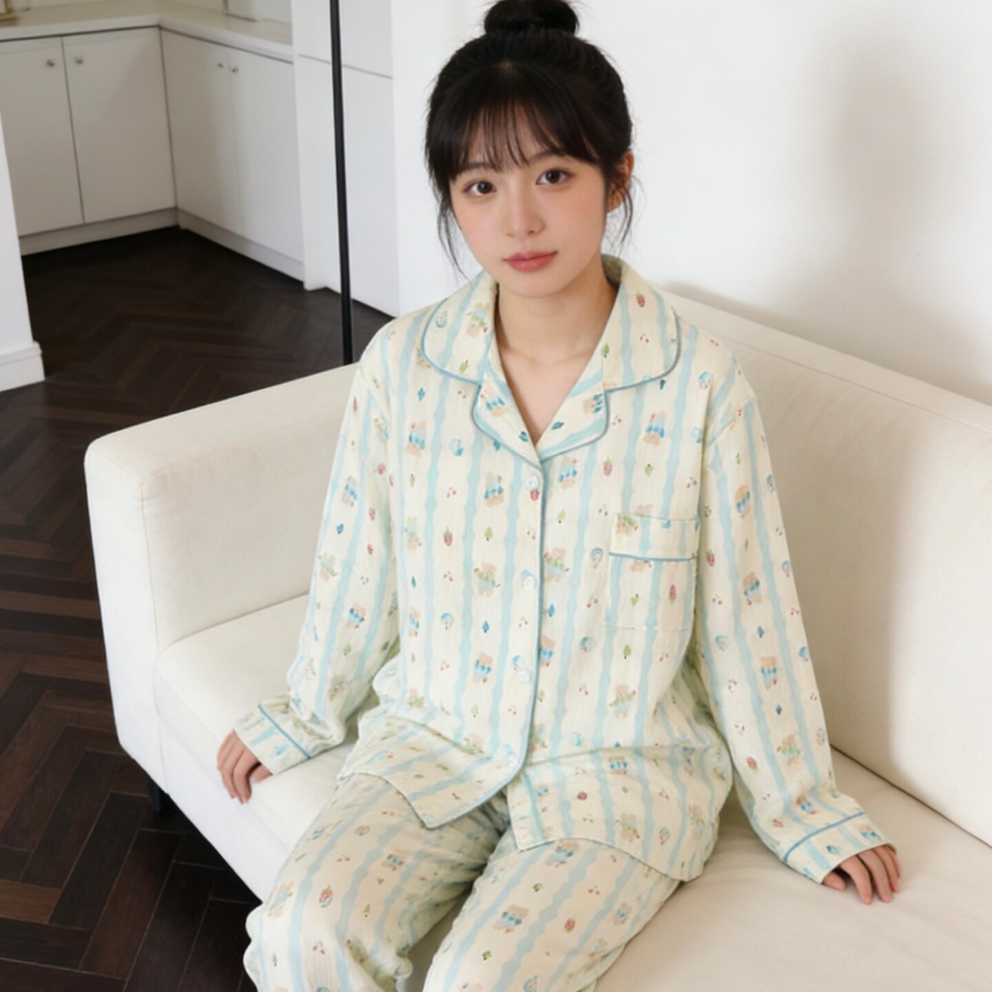 春秋长袖孕妇坐月子孕期产后妇哺乳月子服带胸垫睡衣女夏款云朵棉
