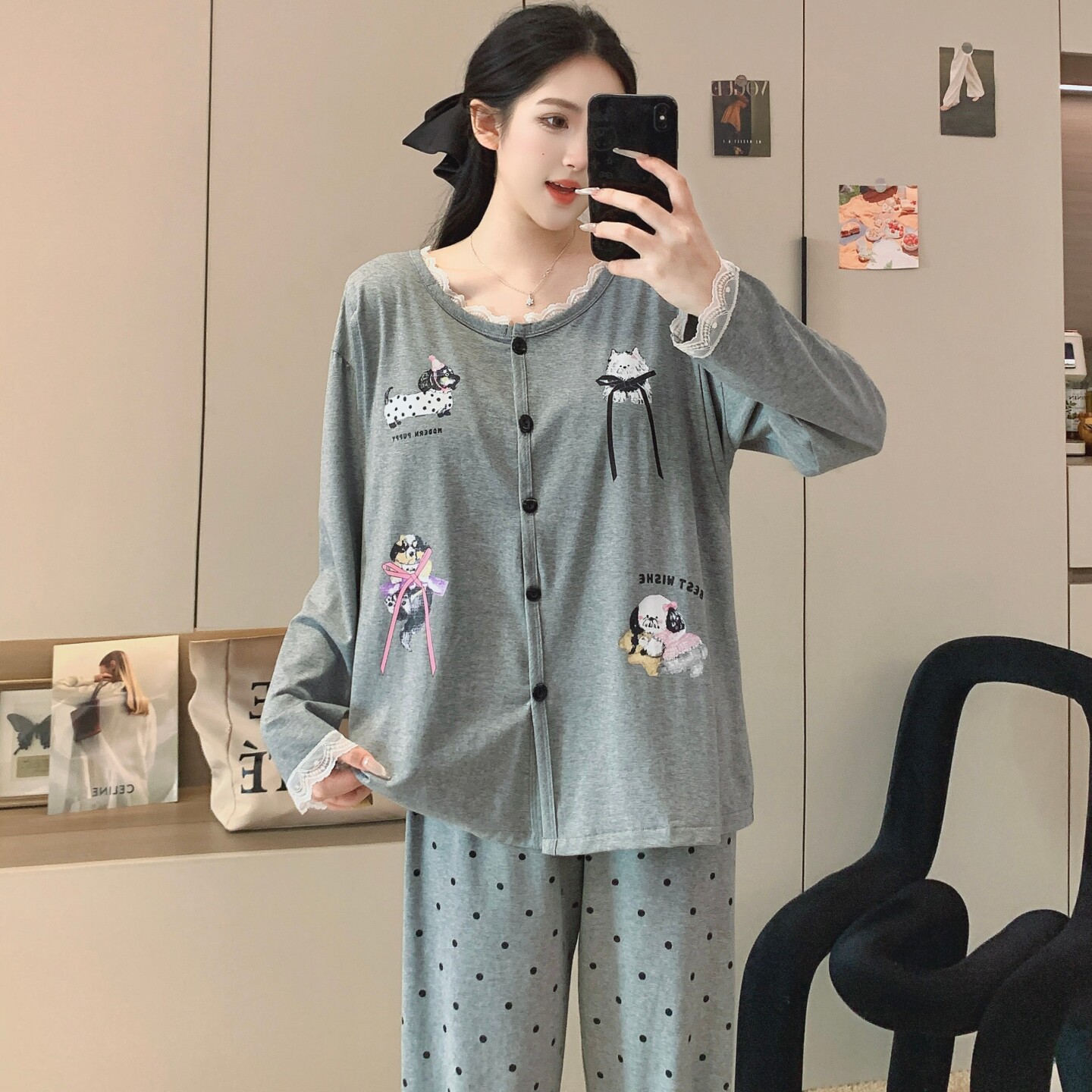 坐月子圆领灰色带胸垫春秋季产后孕妇睡衣哺乳期待产妇纯棉月子服
