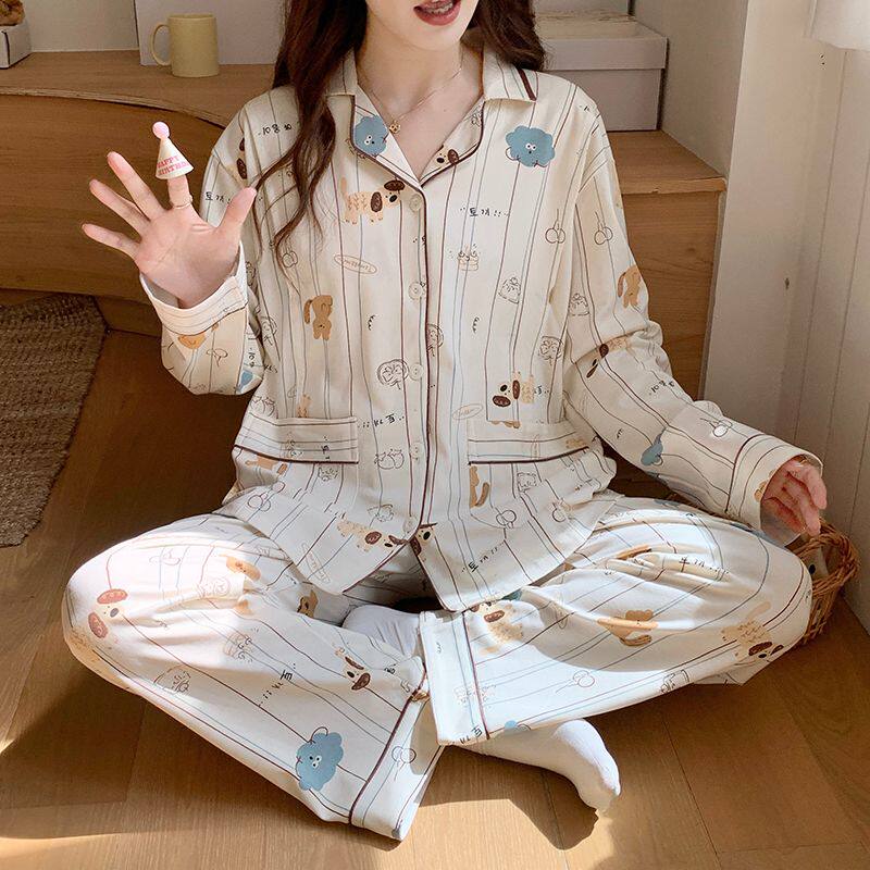 睡衣女全棉吸汗春天开衫喂奶哺乳装秋冬季纯棉月子服产前产后孕妇