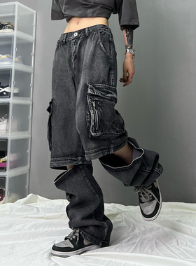 INGA美式设计感拉链工装牛仔裤高街女潮ins欧美街头复古裤子情侣