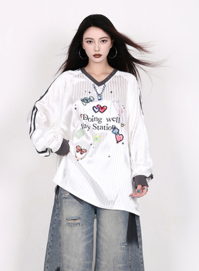 INGA美式v领柳钉长袖T恤球衣女秋季防晒罩衫blokette运动薄款卫衣