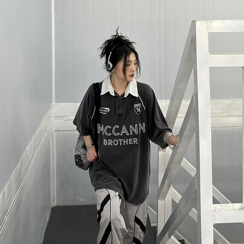 夏季美式街头polo领短袖做旧情侣