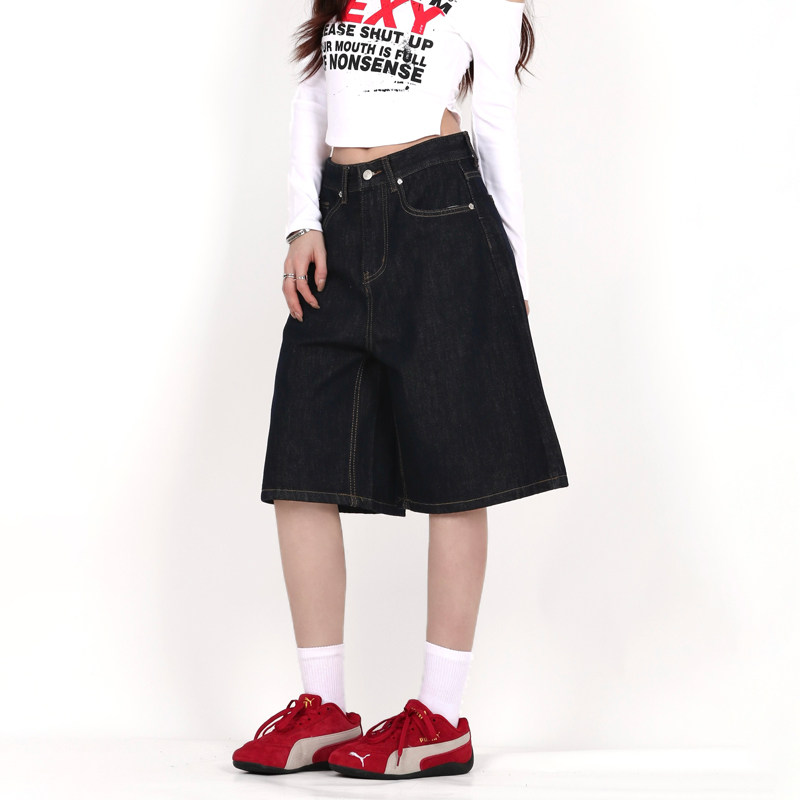 INGA美式复古黑色牛仔七分裤男女夏季百搭宽松显瘦阔腿裤休闲短裤,女装/女士精品,牛仔裤,淘宝优惠券,粉丝福利购,淘宝优惠卷