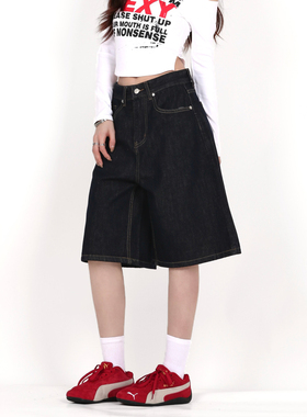 INGA美式复古黑色牛仔七分裤男女夏季百搭宽松显瘦阔腿裤休闲短裤