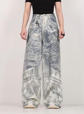 INGA美式复古重工做旧印花牛仔裤男女vintage巴家直筒阔腿裤子潮