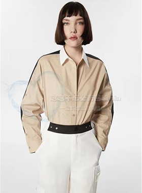 清仓 澳洲小众ins薄款纯棉设计感撞色拼色袖子扣镂空长袖尖领衬衫