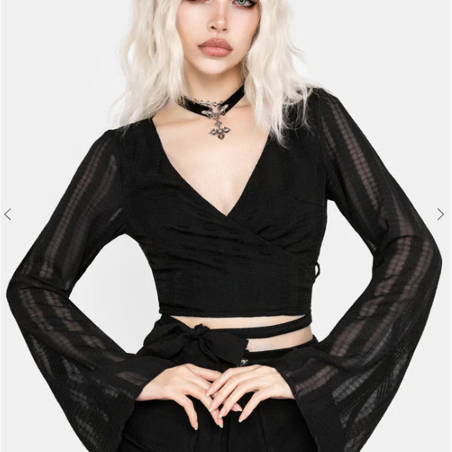 英国小众哥特亚文化ins暗黑辣妹透视暗纹围裹v领绑带短款上衣衬衫