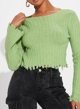 清仓美国小众ins辣妹y2k撕毁毛边立体坑条喇叭长袖高腰短针织毛衣