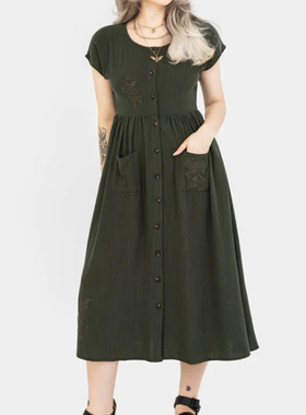 英国小众哥特亚文化ins暗黑辣妹复古棉麻刺绣森系娃娃款连衣裙绿