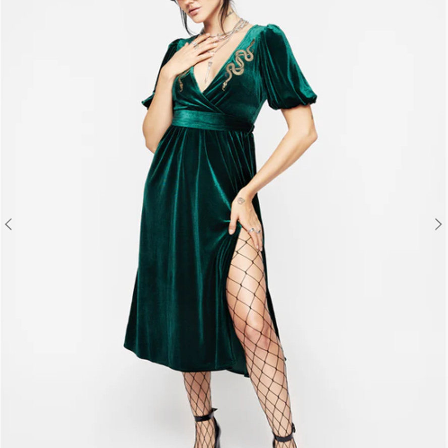 英国小众哥特亚文化ins暗黑辣妹复古天鹅绒蛇刺绣短袖连衣裙绿色