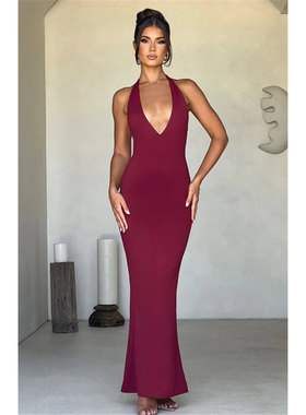 欧美澳ins辣妹度假女神v领挂脖高腰交叉露背褶皱炸臀连衣裙酒红