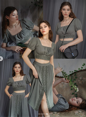 英国小众哥特亚文化ins暗黑辣妹复古棉纱单排扣高腰连衣裙灰绿色