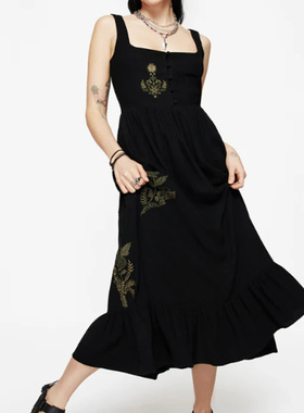 英国小众哥特亚文化ins暗黑辣妹复古包扣方领棉麻刺绣背心连衣裙