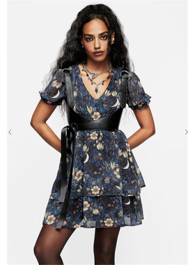 英国小众哥特亚文化ins暗黑辣妹复古星月印花雪纺收腰A字短连衣裙