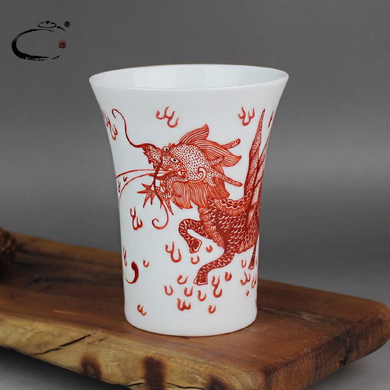贵和祥京德个性主人品茗杯手工高杯陶瓷功夫茶具闻香杯矾红麒麟杯