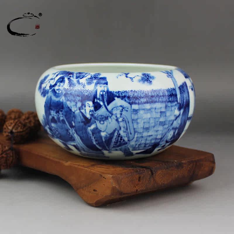 京德珍藏陶瓷笔洗 茶洗景德镇青花茶具手工手绘三顾茅庐茶道配件