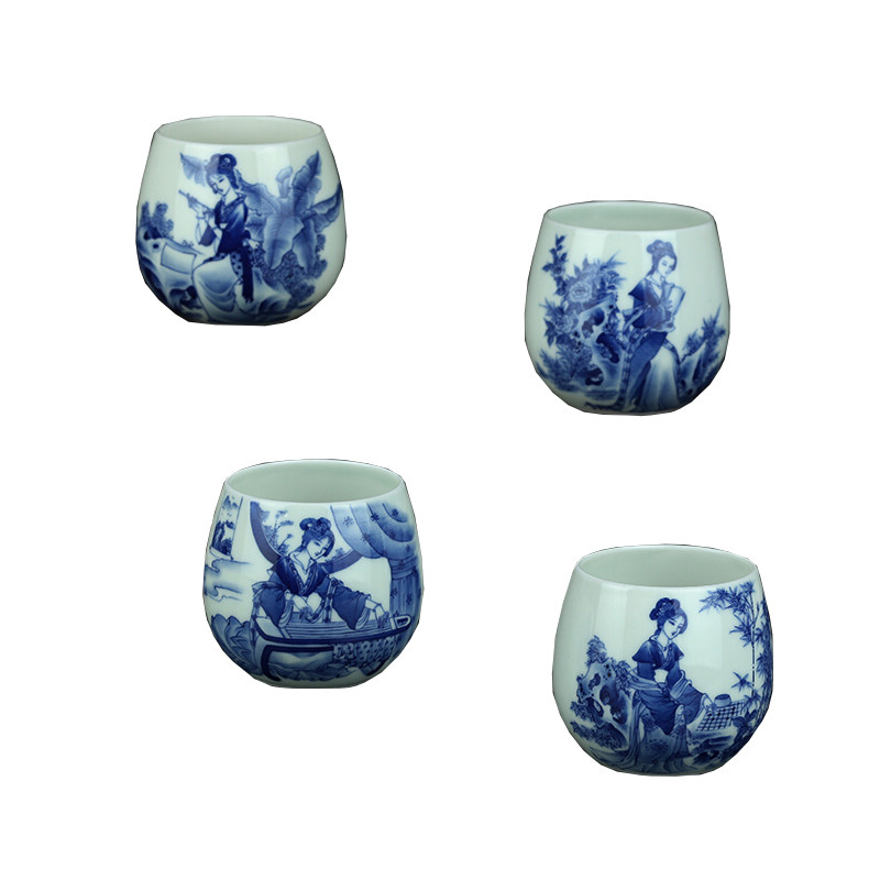 贵和祥青花琴棋书画四杯组景德镇手绘陶瓷功夫茶杯品茗杯茶具套装