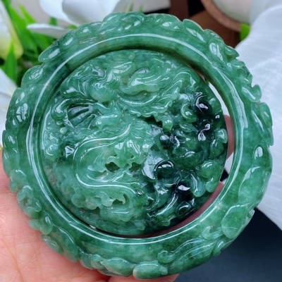 天然缅甸Ａ货61.2圈口翡翠雕花手镯套装满绿凤穿牡丹