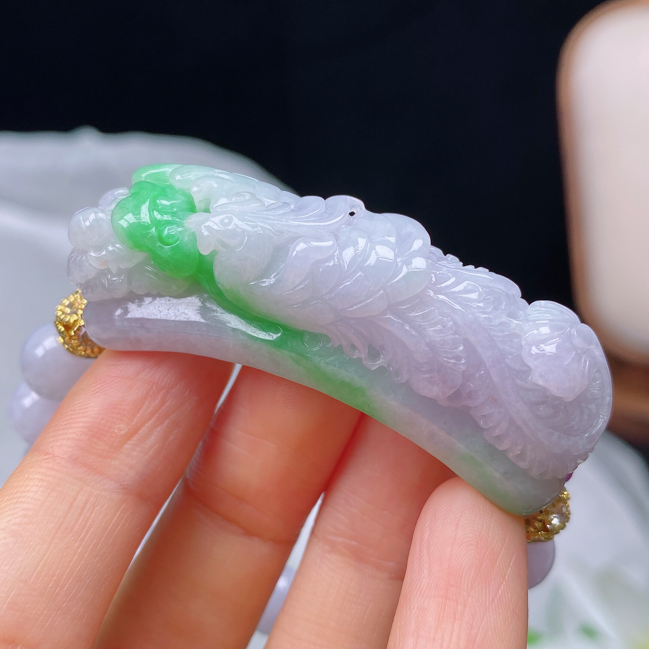 天然缅甸A货翡翠冰润春彩精美凤凰凤来仪手牌