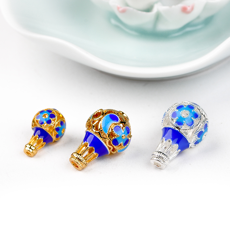纯黄铜镀真金景泰蓝镂空 三通佛头镀银 烤蓝 散珠配件 DIY配饰