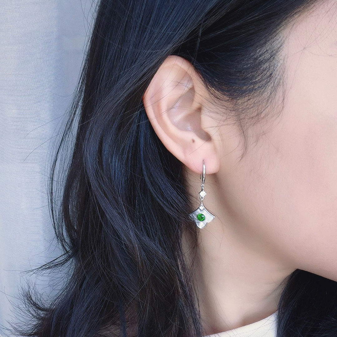 绿色水晶耳环女 s925纯银短款耳坠不掉色 银杏叶小众设计高级耳饰