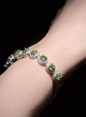 S925银绿色宝石手链女小众设计感温柔风气质显白水晶银手链不掉色