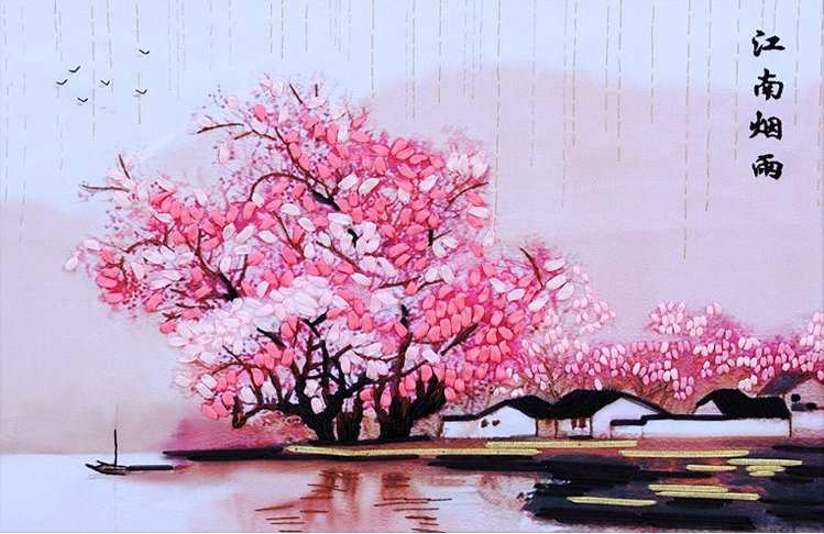 包邮新款丝带绣江南烟雨印花花卉立体婚庆小挂画非十字新手包学会