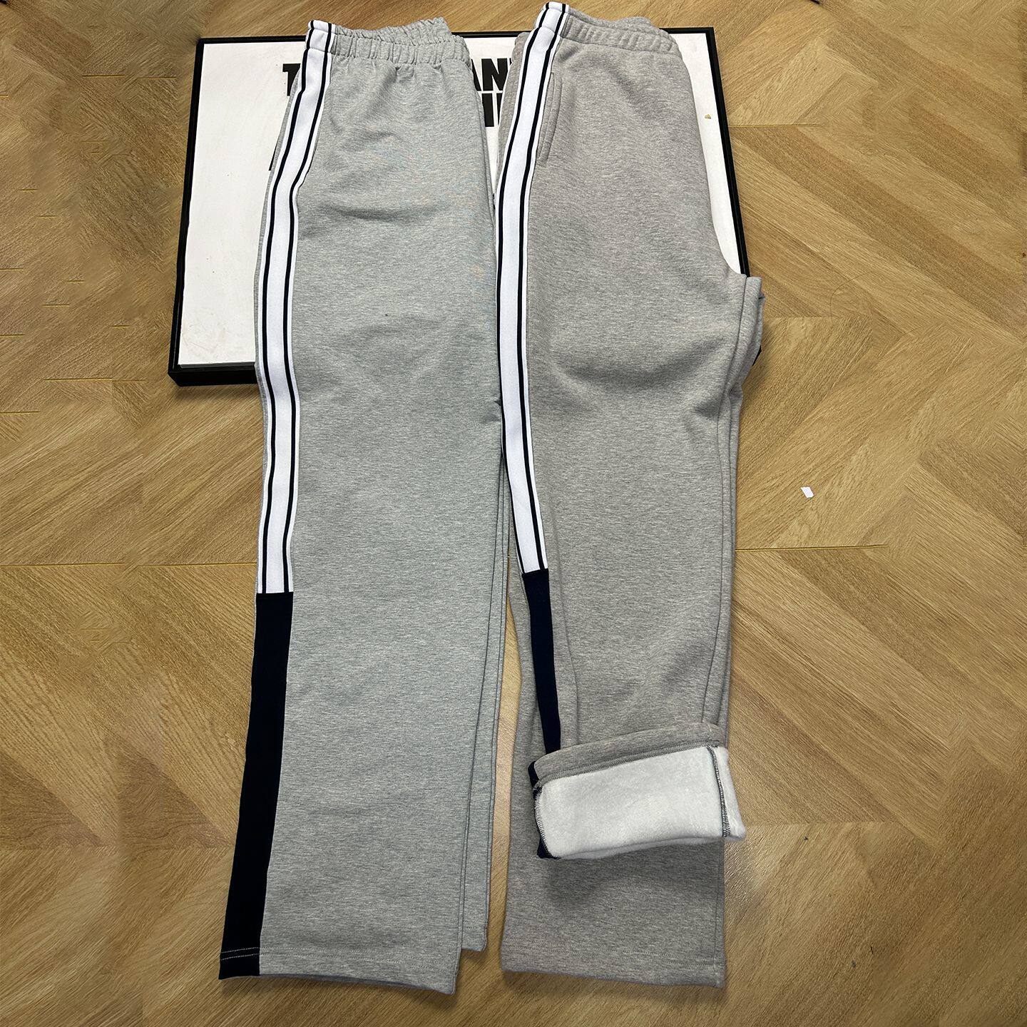 滦县一中校服裤子浅灰加绒保暖长裤纯棉运动休闲裤拼接白条学生裤