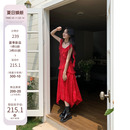 新款 韩版 荷叶边波点连衣裙女2024夏季 左佳琪 气质显瘦红色长裙女
