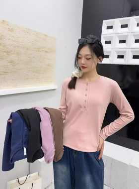 春秋季德绒五扣半开领打底衫时尚圆领长袖T恤气质简约休闲女上衣