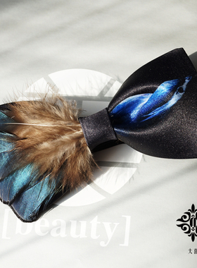 定制款 原创手工蓝色羽毛领结黑色蝴蝶结主持派对司仪结婚ins潮流