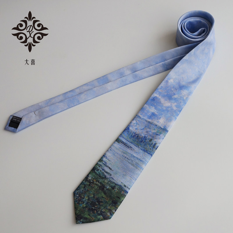 大喜油画【塞纳河晨曦】莫奈蓝色印花领带复古抽象休闲百搭学院风,服饰配件/皮带/帽子/围巾,领带,淘宝优惠券,粉丝福利购,淘宝优惠卷