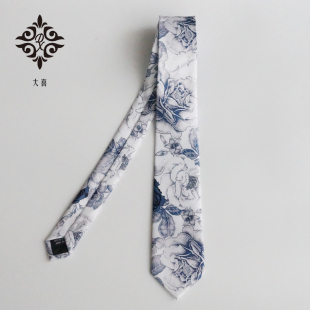 大喜原创【蔷薇花】蓝白色印花领带复古文艺男女百搭春夏礼物ins