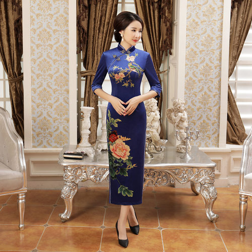 T0042-A秋冬丝绒改良长款旗袍裙大码女装妈妈装日常宴会表演