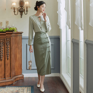 中式 汉服套装 民国风盘扣汉元 上衣半身裙子唐装 旗袍 素女装 复古修身