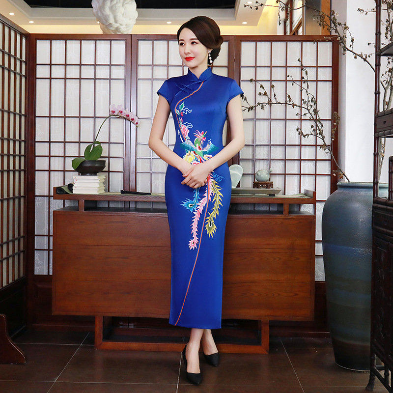 旗袍新款改良时尚 开衩修身日常长款气质复古大码妈妈装演出服4XL