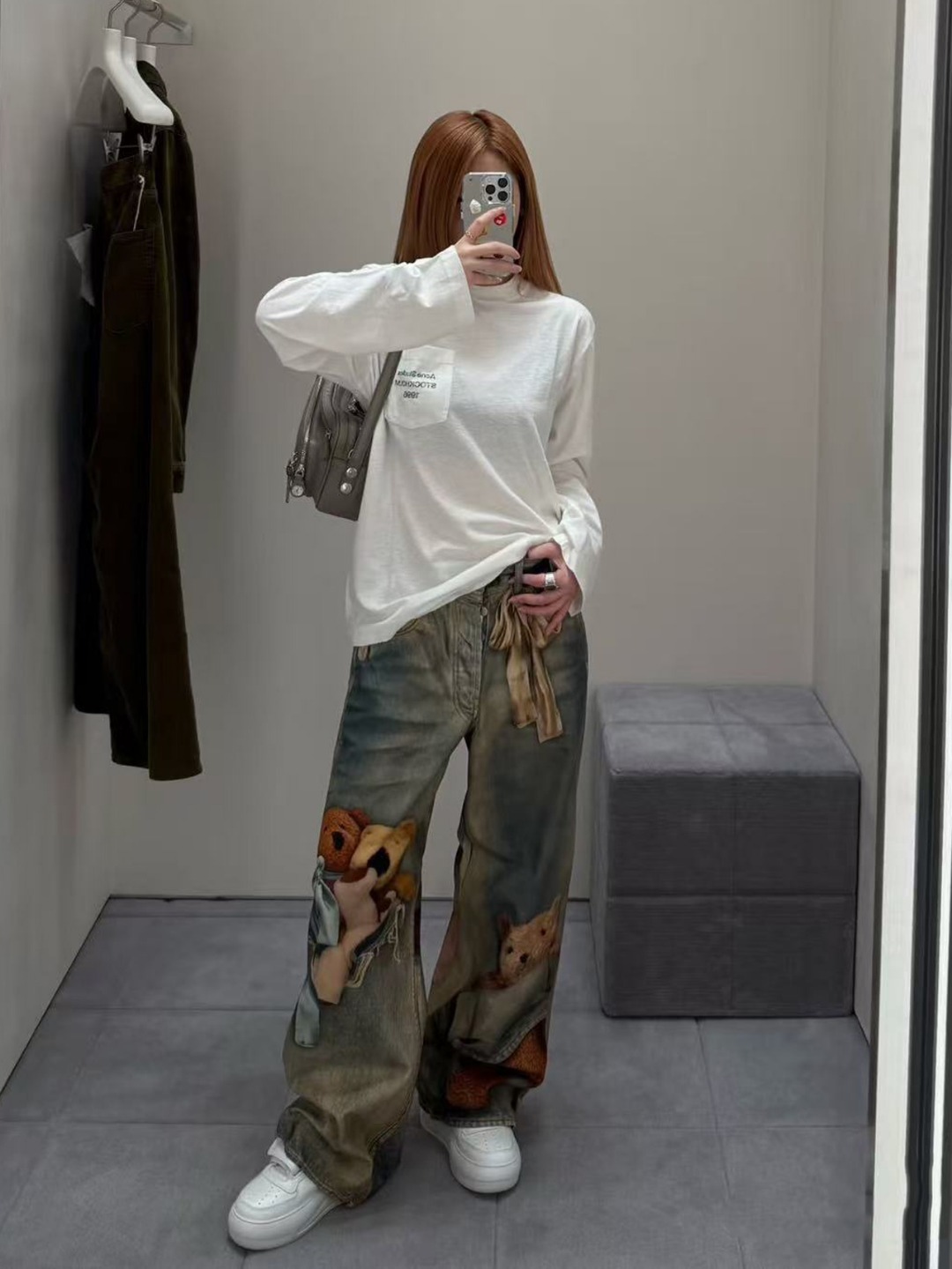 5892# 2026早春新款 AC小众设计小熊3D打印印花宽松直筒牛仔裤