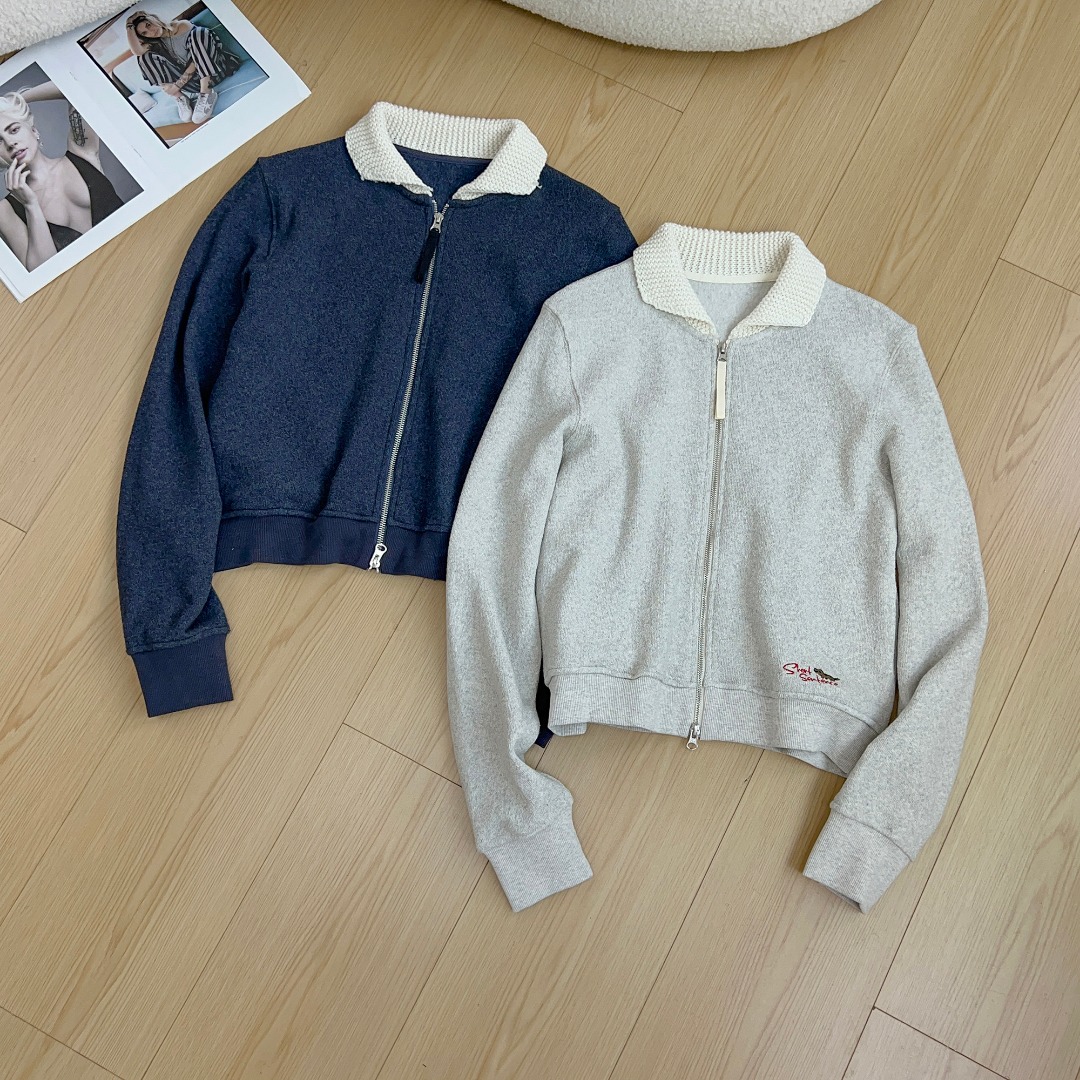 5830# 2025秋冬新款 小众设计针织拼接领子羊毛开衫加绒卫衣