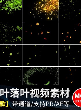 清新绿叶飘落秋天枫叶落叶动态效果后期mov透明通道pr/ae视频素材