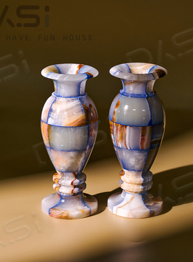 中古手工天然玉石蓝色花器摆件