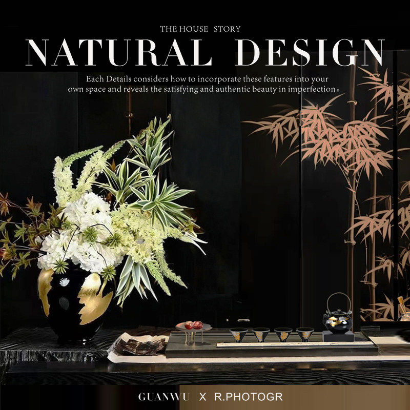 新中式复古黑金色陶瓷茶具托盘组合样版房间别墅茶室茶桌软装饰品